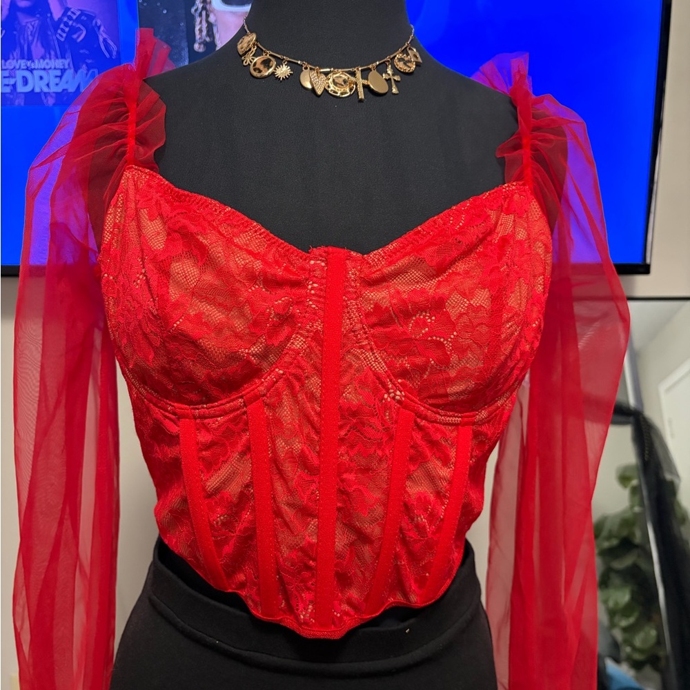 Red Lace Corset Top with Sheer Sleeves